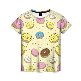 Женская футболка 3D с принтом Сладкие пончики в Новосибирске, 100% полиэфир ( синтетическое хлопкоподобное полотно) | прямой крой, круглый вырез горловины, длина до линии бедер | булочки | гомер симпсон | еда | пончики | сладости