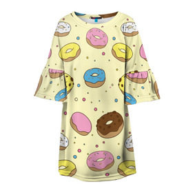 Детское платье 3D с принтом Сладкие пончики в Новосибирске, 100% полиэстер | прямой силуэт, чуть расширенный к низу. Круглая горловина, на рукавах — воланы | булочки | гомер симпсон | еда | пончики | сладости