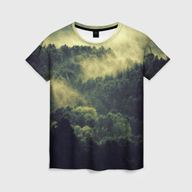 Женская футболка 3D с принтом туманный лес в Новосибирске, 100% полиэфир ( синтетическое хлопкоподобное полотно) | прямой крой, круглый вырез горловины, длина до линии бедер | горы | лес | море | охота | приключения | природа | рыбалка | свобода | скалы | туман | туризм | экстрим
