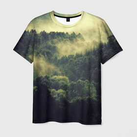 Мужская футболка 3D с принтом туманный лес в Новосибирске, 100% полиэфир | прямой крой, круглый вырез горловины, длина до линии бедер | горы | лес | море | охота | приключения | природа | рыбалка | свобода | скалы | туман | туризм | экстрим