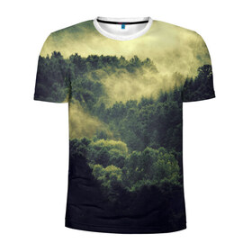 Мужская футболка 3D спортивная с принтом туманный лес в Новосибирске, 100% полиэстер с улучшенными характеристиками | приталенный силуэт, круглая горловина, широкие плечи, сужается к линии бедра | горы | лес | море | охота | приключения | природа | рыбалка | свобода | скалы | туман | туризм | экстрим