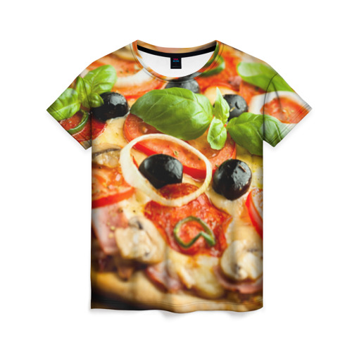 Женская футболка 3D с принтом Пицца в Новосибирске, 100% полиэфир ( синтетическое хлопкоподобное полотно) | прямой крой, круглый вырез горловины, длина до линии бедер | базилик | еда | зелень | маслины | оливки | пицца | помидоры