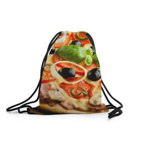 Рюкзак-мешок 3D с принтом Пицца в Новосибирске, 100% полиэстер | плотность ткани — 200 г/м2, размер — 35 х 45 см; лямки — толстые шнурки, застежка на шнуровке, без карманов и подкладки | базилик | еда | зелень | маслины | оливки | пицца | помидоры