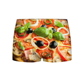 Мужские трусы 3D с принтом Пицца в Новосибирске, 50% хлопок, 50% полиэстер | классическая посадка, на поясе мягкая тканевая резинка | Тематика изображения на принте: базилик | еда | зелень | маслины | оливки | пицца | помидоры