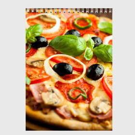 Скетчбук с принтом Пицца в Новосибирске, 100% бумага
 | 48 листов, плотность листов — 100 г/м2, плотность картонной обложки — 250 г/м2. Листы скреплены сверху удобной пружинной спиралью | базилик | еда | зелень | маслины | оливки | пицца | помидоры