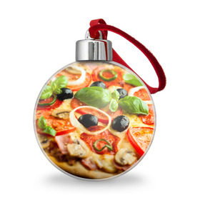 Ёлочный шар с принтом Пицца в Новосибирске, Пластик | Диаметр: 77 мм | базилик | еда | зелень | маслины | оливки | пицца | помидоры