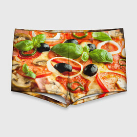 Мужские купальные плавки 3D с принтом Пицца в Новосибирске, Полиэстер 85%, Спандекс 15% |  | Тематика изображения на принте: базилик | еда | зелень | маслины | оливки | пицца | помидоры