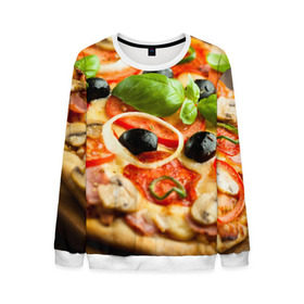 Мужской свитшот 3D с принтом Пицца в Новосибирске, 100% полиэстер с мягким внутренним слоем | круглый вырез горловины, мягкая резинка на манжетах и поясе, свободная посадка по фигуре | базилик | еда | зелень | маслины | оливки | пицца | помидоры
