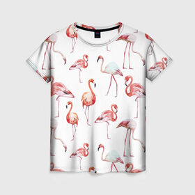 Женская футболка 3D с принтом Узор из фламинго в Новосибирске, 100% полиэфир ( синтетическое хлопкоподобное полотно) | прямой крой, круглый вырез горловины, длина до линии бедер | животные | мозаика | птицы | узор | фауна | фламинго