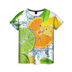 Женская футболка 3D с принтом Мятный смузи в Новосибирске, 100% полиэфир ( синтетическое хлопкоподобное полотно) | прямой крой, круглый вырез горловины, длина до линии бедер | вода | еда | зима | искусство | лайм | лимон | листья | новинки | природа | солнце | фрукты