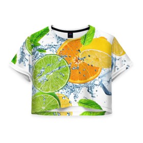 Женская футболка 3D укороченная с принтом Мятный смузи в Новосибирске, 100% полиэстер | круглая горловина, длина футболки до линии талии, рукава с отворотами | Тематика изображения на принте: вода | еда | зима | искусство | лайм | лимон | листья | новинки | природа | солнце | фрукты