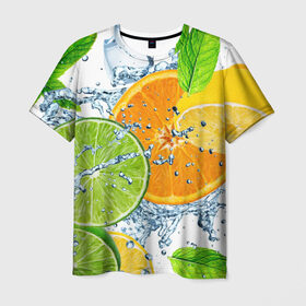 Мужская футболка 3D с принтом Мятный смузи в Новосибирске, 100% полиэфир | прямой крой, круглый вырез горловины, длина до линии бедер | вода | еда | зима | искусство | лайм | лимон | листья | новинки | природа | солнце | фрукты