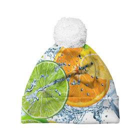 Шапка 3D c помпоном с принтом Мятный смузи в Новосибирске, 100% полиэстер | универсальный размер, печать по всей поверхности изделия | Тематика изображения на принте: вода | еда | зима | искусство | лайм | лимон | листья | новинки | природа | солнце | фрукты