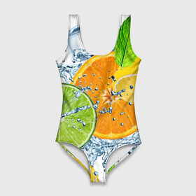 Купальник-боди 3D с принтом Мятный смузи в Новосибирске, 82% полиэстер, 18% эластан | Круглая горловина, круглый вырез на спине | Тематика изображения на принте: вода | еда | зима | искусство | лайм | лимон | листья | новинки | природа | солнце | фрукты