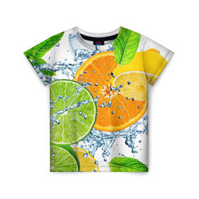 Детская футболка 3D с принтом Мятный смузи в Новосибирске, 100% гипоаллергенный полиэфир | прямой крой, круглый вырез горловины, длина до линии бедер, чуть спущенное плечо, ткань немного тянется | Тематика изображения на принте: вода | еда | зима | искусство | лайм | лимон | листья | новинки | природа | солнце | фрукты