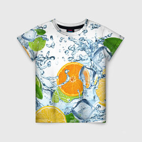 Детская футболка 3D с принтом Мульти фрукт в Новосибирске, 100% гипоаллергенный полиэфир | прямой крой, круглый вырез горловины, длина до линии бедер, чуть спущенное плечо, ткань немного тянется | Тематика изображения на принте: вода | еда | зима | искусство | лайм | лимон | листья | новинки | природа | солнце | фрукты
