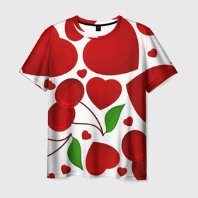 Мужская футболка 3D с принтом сердце и вишня в Новосибирске, 100% полиэфир | прямой крой, круглый вырез горловины, длина до линии бедер | Тематика изображения на принте: вишня | сердце
