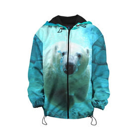 Детская куртка 3D с принтом медведь в Новосибирске, 100% полиэстер | застежка — молния, подол и капюшон оформлены резинкой с фиксаторами, по бокам — два кармана без застежек, один потайной карман на груди, плотность верхнего слоя — 90 г/м2; плотность флисового подклада — 260 г/м2 | Тематика изображения на принте: медведь | пловец