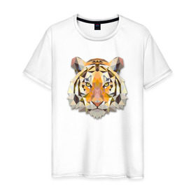 Мужская футболка хлопок с принтом Полигональный тигр в Новосибирске, 100% хлопок | прямой крой, круглый вырез горловины, длина до линии бедер, слегка спущенное плечо. | Тематика изображения на принте: геометрический рисунок | голова | животные | тигр | фауна