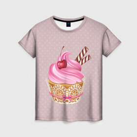 Женская футболка 3D с принтом пироженка в Новосибирске, 100% полиэфир ( синтетическое хлопкоподобное полотно) | прямой крой, круглый вырез горловины, длина до линии бедер | candy | вишня | еда | конфеты | крем | пироженое | сладости