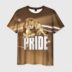 Мужская футболка 3D с принтом Pride в Новосибирске, 100% полиэфир | прямой крой, круглый вырез горловины, длина до линии бедер | Тематика изображения на принте: lion | голова животного | кот | кошка | лев | хищник | царь | цвет