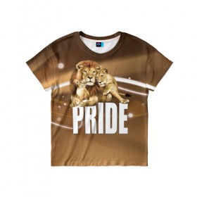 Детская футболка 3D с принтом Pride в Новосибирске, 100% гипоаллергенный полиэфир | прямой крой, круглый вырез горловины, длина до линии бедер, чуть спущенное плечо, ткань немного тянется | Тематика изображения на принте: lion | голова животного | кот | кошка | лев | хищник | царь | цвет