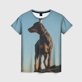 Женская футболка 3D с принтом Доберман в Новосибирске, 100% полиэфир ( синтетическое хлопкоподобное полотно) | прямой крой, круглый вырез горловины, длина до линии бедер | доберман | доберманы | пес | песик | псы | собака | собаки