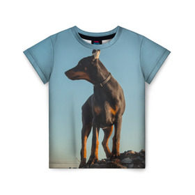 Детская футболка 3D с принтом Доберман в Новосибирске, 100% гипоаллергенный полиэфир | прямой крой, круглый вырез горловины, длина до линии бедер, чуть спущенное плечо, ткань немного тянется | доберман | доберманы | пес | песик | псы | собака | собаки