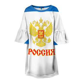 Детское платье 3D с принтом Сборная России гостевая форма в Новосибирске, 100% полиэстер | прямой силуэт, чуть расширенный к низу. Круглая горловина, на рукавах — воланы | russia | world cup hockey | гостевая | клюшка | кубок мира | россия | сборная россии | хоккей | хоккейная форма | шайба