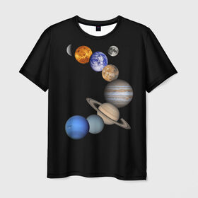 Мужская футболка 3D с принтом Парад планет в Новосибирске, 100% полиэфир | прямой крой, круглый вырез горловины, длина до линии бедер | звёзды | космическое пространство | космос | планета | созвездие