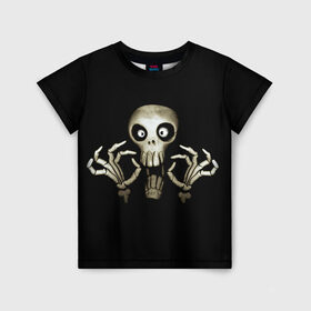 Детская футболка 3D с принтом Скeлетик в Новосибирске, 100% гипоаллергенный полиэфир | прямой крой, круглый вырез горловины, длина до линии бедер, чуть спущенное плечо, ткань немного тянется | Тематика изображения на принте: bones | halloween | skull в идеи подарков в хеллоуин | скелет | скелеты | хеллоиун | хэллоуин | хэлоуин | череп | черепа
