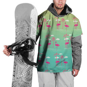Накидка на куртку 3D с принтом Фламинго и пальмы в Новосибирске, 100% полиэстер |  | животные | мозаика | пальмы | птицы | тропики | узор | фауна | фламинго