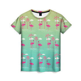 Женская футболка 3D с принтом Фламинго и пальмы в Новосибирске, 100% полиэфир ( синтетическое хлопкоподобное полотно) | прямой крой, круглый вырез горловины, длина до линии бедер | животные | мозаика | пальмы | птицы | тропики | узор | фауна | фламинго
