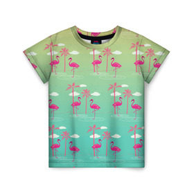 Детская футболка 3D с принтом Фламинго и пальмы в Новосибирске, 100% гипоаллергенный полиэфир | прямой крой, круглый вырез горловины, длина до линии бедер, чуть спущенное плечо, ткань немного тянется | животные | мозаика | пальмы | птицы | тропики | узор | фауна | фламинго
