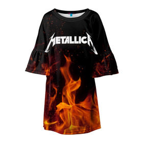 Детское платье 3D с принтом Metallica fire в Новосибирске, 100% полиэстер | прямой силуэт, чуть расширенный к низу. Круглая горловина, на рукавах — воланы | Тематика изображения на принте: металлика