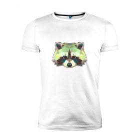 Мужская футболка премиум с принтом Полигональный енот в Новосибирске, 92% хлопок, 8% лайкра | приталенный силуэт, круглый вырез ворота, длина до линии бедра, короткий рукав | геометрический рисунок | голова | енот | животные | фауна