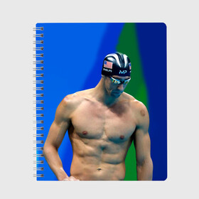 Тетрадь с принтом Michael Phelps в Новосибирске, 100% бумага | 48 листов, плотность листов — 60 г/м2, плотность картонной обложки — 250 г/м2. Листы скреплены сбоку удобной пружинной спиралью. Уголки страниц и обложки скругленные. Цвет линий — светло-серый
 | Тематика изображения на принте: бассейн | пловец | чемпион. фелепс