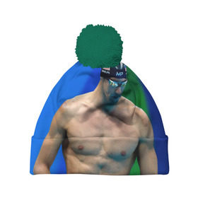 Шапка 3D c помпоном с принтом Michael Phelps в Новосибирске, 100% полиэстер | универсальный размер, печать по всей поверхности изделия | Тематика изображения на принте: бассейн | пловец | чемпион. фелепс