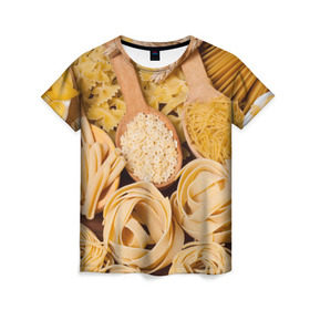 Женская футболка 3D с принтом Макарошки в Новосибирске, 100% полиэфир ( синтетическое хлопкоподобное полотно) | прямой крой, круглый вырез горловины, длина до линии бедер | еда | макароны | текстуры | узоры