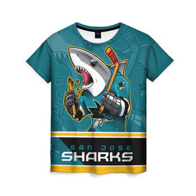 Женская футболка 3D с принтом San Jose Sharks в Новосибирске, 100% полиэфир ( синтетическое хлопкоподобное полотно) | прямой крой, круглый вырез горловины, длина до линии бедер | nhl | san jose sharks | sharks | stanley cup | кубок стенли | кубок стэнли | нхл | сан хосе | сан хосе шаркс | хоккей | хоккейный клуб | шаркс