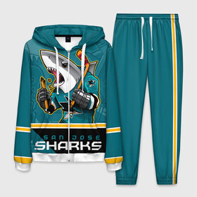 Мужской костюм 3D с принтом San Jose Sharks в Новосибирске, 100% полиэстер | Манжеты и пояс оформлены тканевой резинкой, двухслойный капюшон со шнурком для регулировки, карманы спереди | nhl | san jose sharks | sharks | stanley cup | кубок стенли | кубок стэнли | нхл | сан хосе | сан хосе шаркс | хоккей | хоккейный клуб | шаркс
