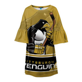 Детское платье 3D с принтом Pittsburgh Penguins в Новосибирске, 100% полиэстер | прямой силуэт, чуть расширенный к низу. Круглая горловина, на рукавах — воланы | nhl | pittsburgh penguins | stanley cup | кросби | кубок стенли | кубок стэнли | малкин | нхл | пингвинс | питтсбург пингвинз | сидни кросби | хоккей | хоккейный клуб