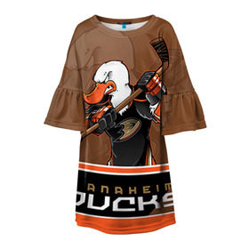 Детское платье 3D с принтом Anaheim Ducks в Новосибирске, 100% полиэстер | прямой силуэт, чуть расширенный к низу. Круглая горловина, на рукавах — воланы | Тематика изображения на принте: anaheim ducks | nhl | stanley cup | кубок стенли | кубок стэнли | нхл | хоккей | хоккейный клуб