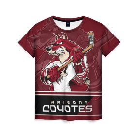 Женская футболка 3D с принтом Arizona Coyotes в Новосибирске, 100% полиэфир ( синтетическое хлопкоподобное полотно) | прямой крой, круглый вырез горловины, длина до линии бедер | arizona coyotes | nhl | stanley cup | аризона койотис | аризона койоты | кубок стенли | кубок стэнли | нхл | хоккей | хоккейный клуб