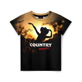 Детская футболка 3D с принтом Country music в Новосибирске, 100% гипоаллергенный полиэфир | прямой крой, круглый вырез горловины, длина до линии бедер, чуть спущенное плечо, ткань немного тянется | country | music | девушка | кантри | ковбой | мелодия | музыка | шляпа