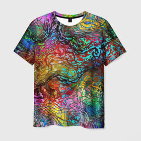 Мужская футболка 3D с принтом Буйство красок в Новосибирске, 100% полиэфир | прямой крой, круглый вырез горловины, длина до линии бедер | Тематика изображения на принте: краски | линии | мозаика | орнамент | узор | цвет
