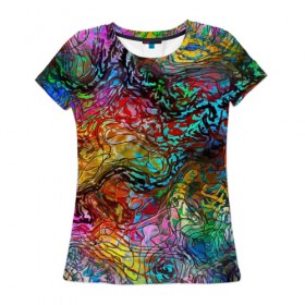 Женская футболка 3D с принтом Буйство красок в Новосибирске, 100% полиэфир ( синтетическое хлопкоподобное полотно) | прямой крой, круглый вырез горловины, длина до линии бедер | Тематика изображения на принте: краски | линии | мозаика | орнамент | узор | цвет