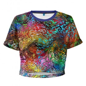 Женская футболка 3D укороченная с принтом Буйство красок в Новосибирске, 100% полиэстер | круглая горловина, длина футболки до линии талии, рукава с отворотами | Тематика изображения на принте: краски | линии | мозаика | орнамент | узор | цвет