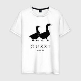 Мужская футболка хлопок с принтом GUSSI в Новосибирске, 100% хлопок | прямой крой, круглый вырез горловины, длина до линии бедер, слегка спущенное плечо. | gucci | gussi | антибренд | бренд | гуси | гучи | пародии