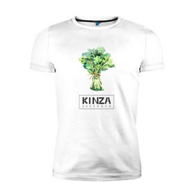 Мужская футболка премиум с принтом KINZA в Новосибирске, 92% хлопок, 8% лайкра | приталенный силуэт, круглый вырез ворота, длина до линии бедра, короткий рукав | Тематика изображения на принте: kenzo | kinza | антибренд | бренд | кензо | кинза | пародии
